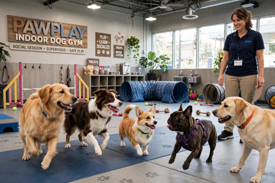 Happy dogs playing together in a supervised indoor dog gym social session