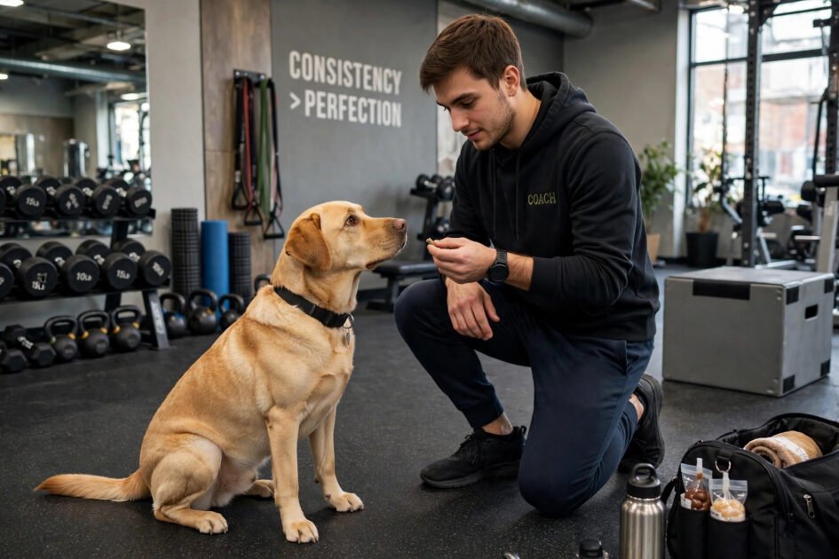 Trainer working one-on-one with a dog in an indoor gym, showing personalized attention