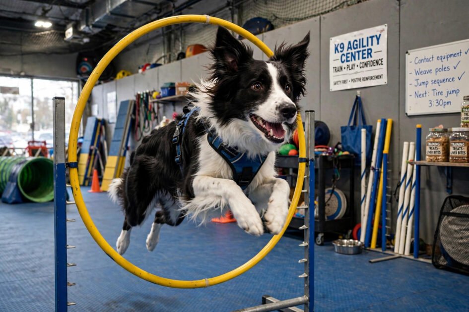 Energetic dog jumping through an agility hoop in an indoor training gym