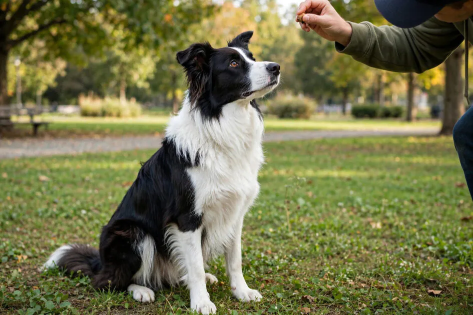 Border collie sitting attentively during an obedience training session with its trainer