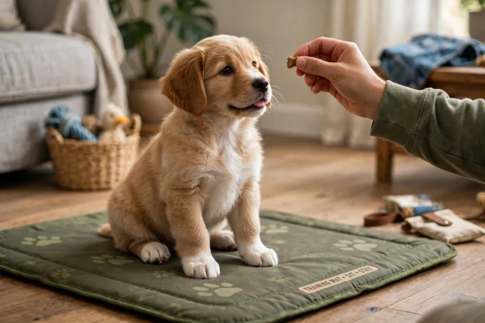 Young puppy learning to sit on a training mat indoors while owner offers a treat