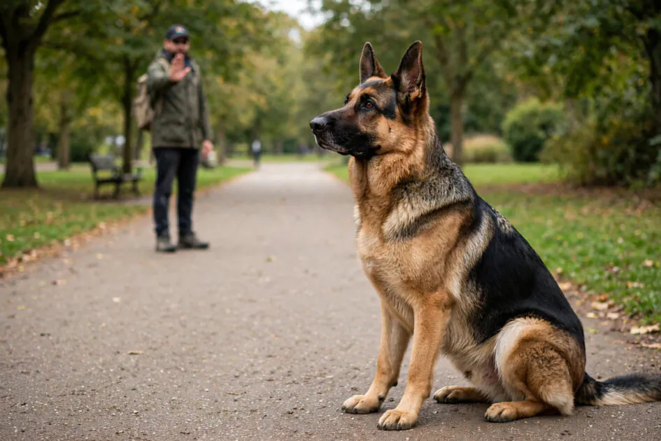 Adult German shepherd holding a stay position on a park path while owner gives a hand signal