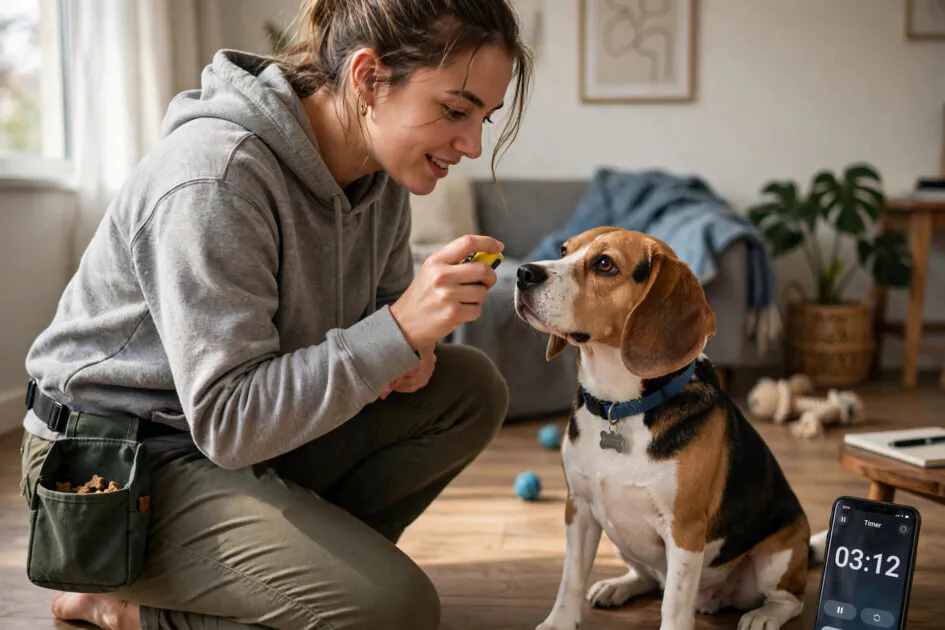 Owner training a beagle with a clicker and treat pouch during a short indoor session