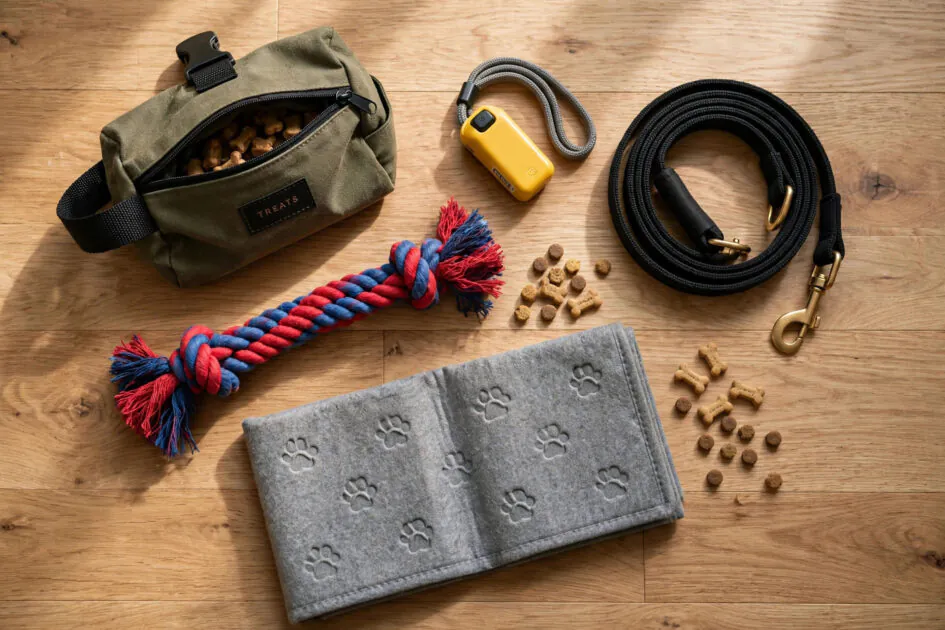 Flat-lay of dog training gear including treat pouch, clicker, leash, tug toy and training mat