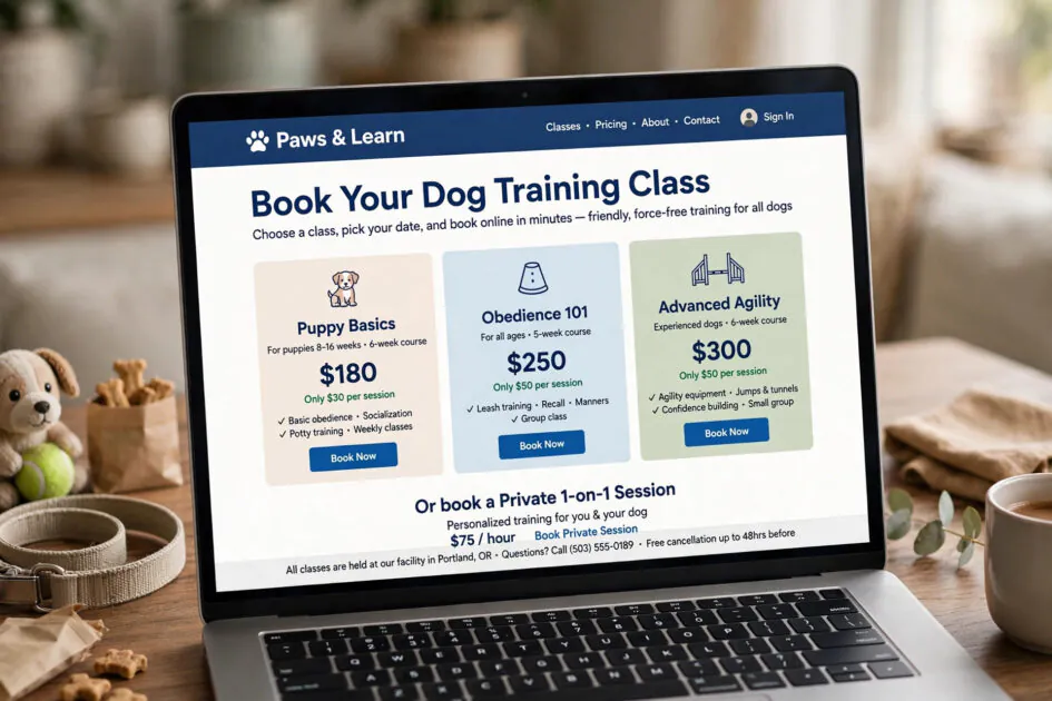 Simple dog training booking page with clear pricing on a laptop screen
