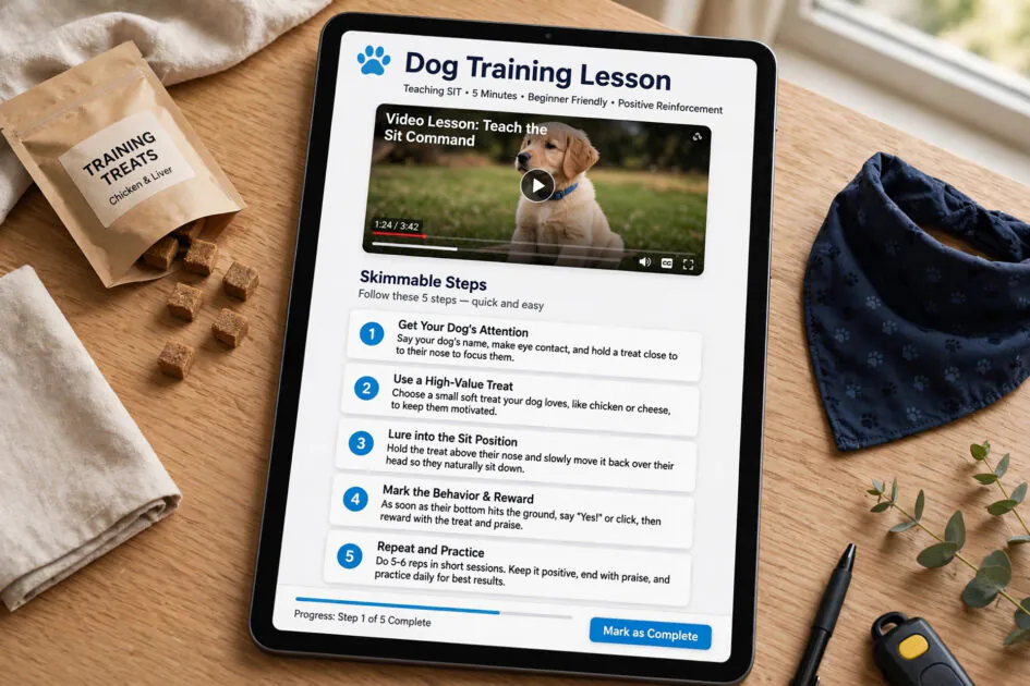 Skimmable dog training lesson page with steps and video on a tablet