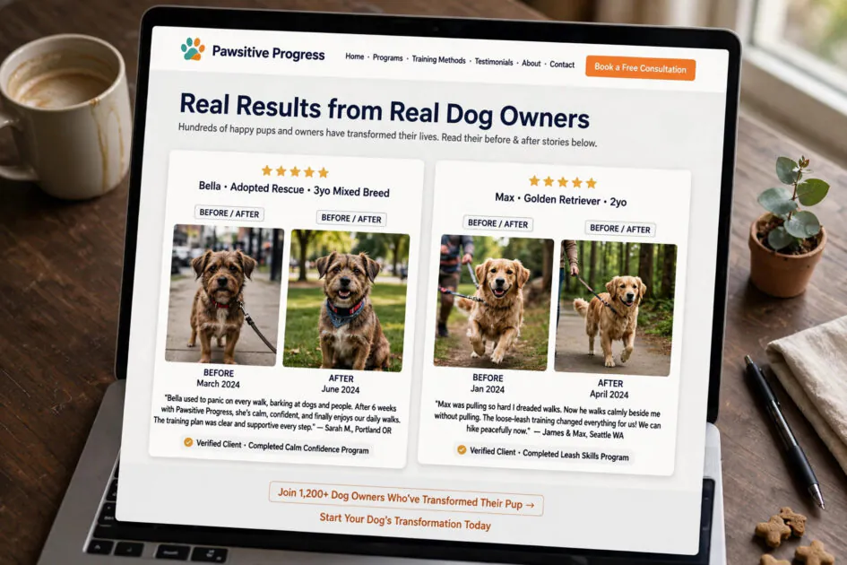 Dog training website testimonials section with before and after dog photos