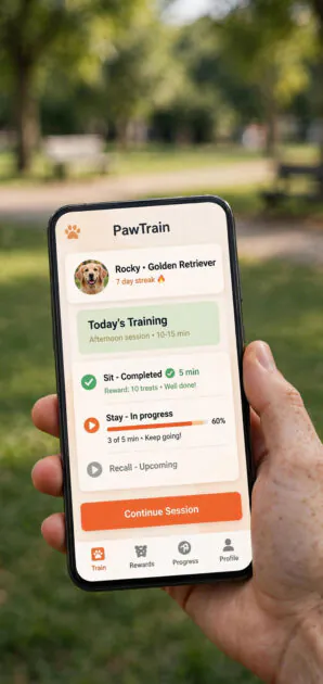 Mobile-first dog training app design on a phone held at a park