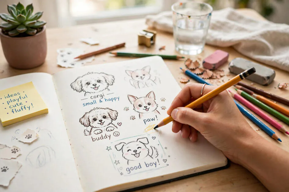 Dog training drawing tips for cute pet illustrations — flat-style dog drawings