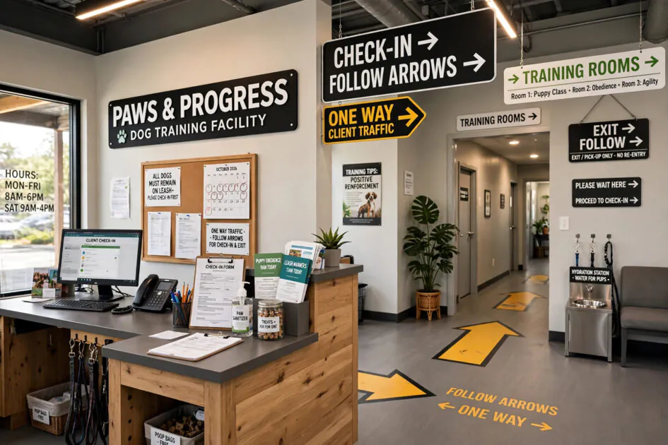 Dog training facility reception with check-in area and clear directional signage