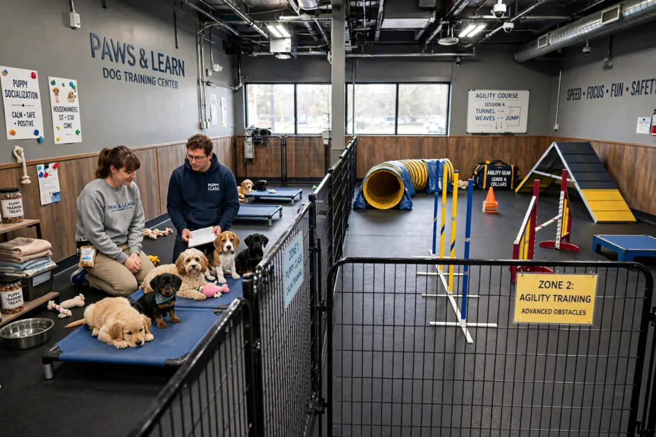 Separate training zones in a dog facility divided by fencing, calm puppy and agility area
