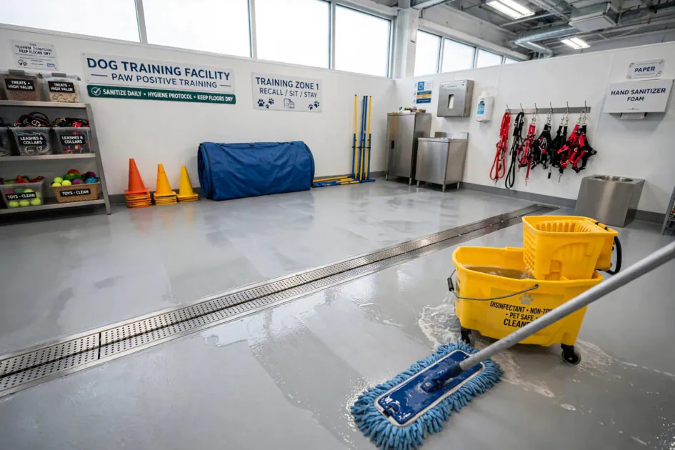 Commercial sealed flooring with drainage being cleaned in a bright dog training facility