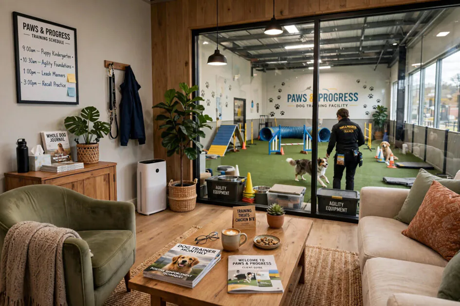 Comfortable client viewing lounge with glass windows overlooking the training floor