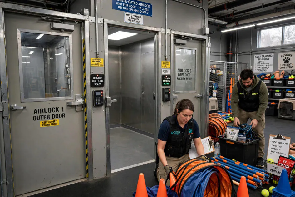 Double-gated secure entry airlock in a dog training facility with staff organizing equipment