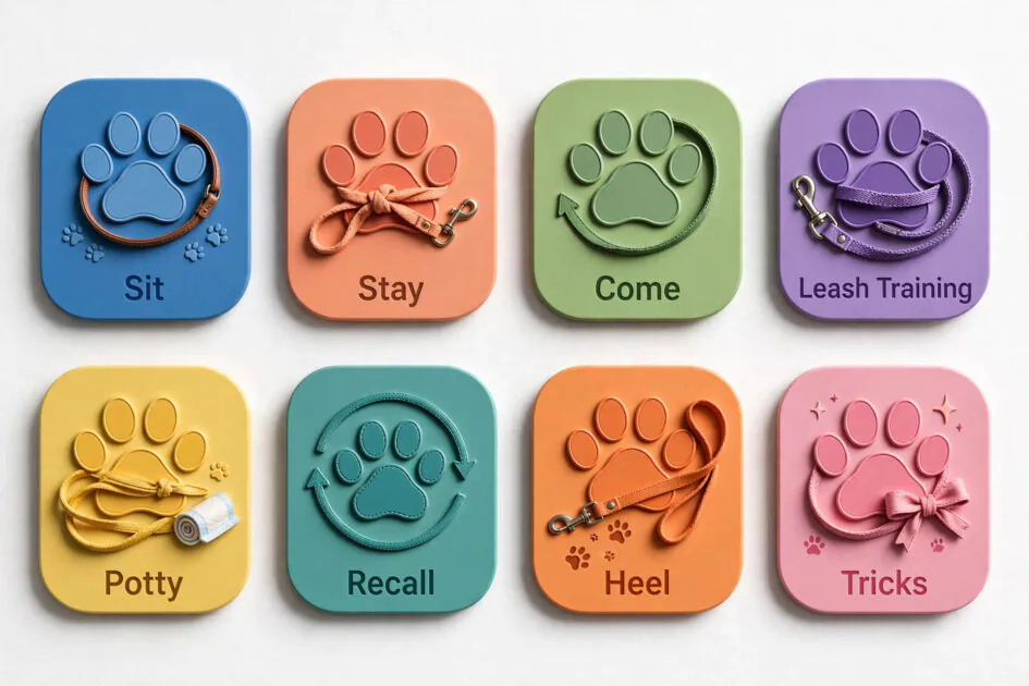 Collection of cute dog training app icons featuring paw prints and leashes