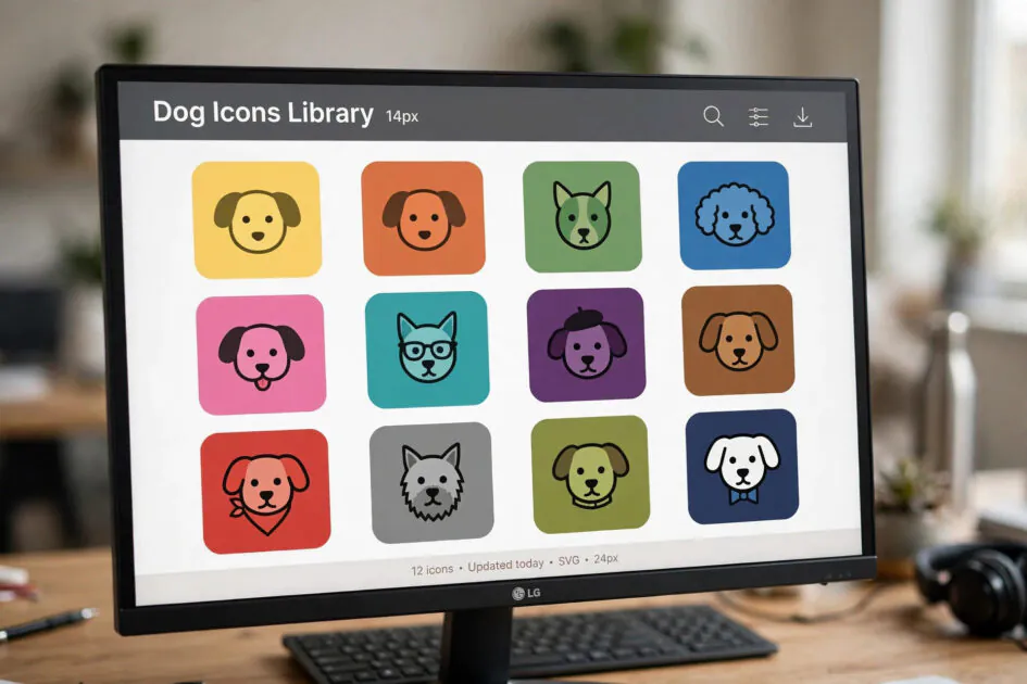 Grid of simple bold minimalist dog icons in flat design style