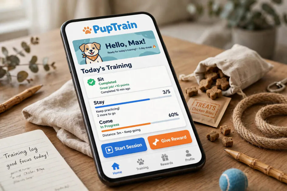 Colorful dog training app interface with blue and orange buttons on a phone mockup