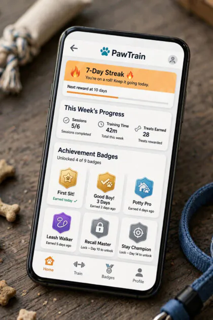 Dog training app showing achievement badges and progress streaks on a phone screen