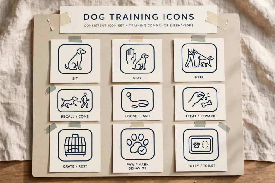 Consistent set of dog training icons in one matching style, design presentation