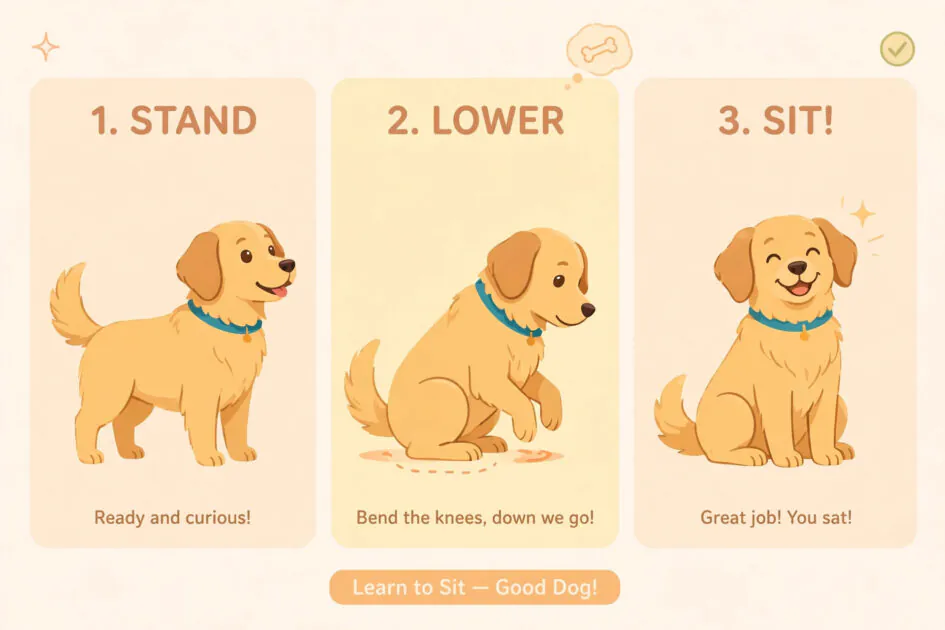Cute flat-style step-by-step illustration of a golden retriever learning to sit, a dog training illustration idea for bloggers