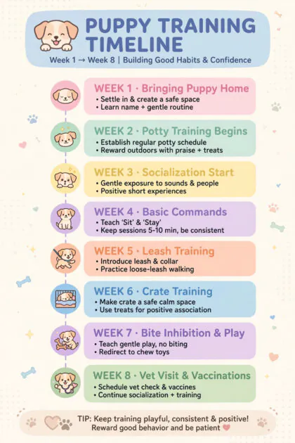 Flat-style infographic illustration of an 8-week puppy training timeline with tiny dog icons