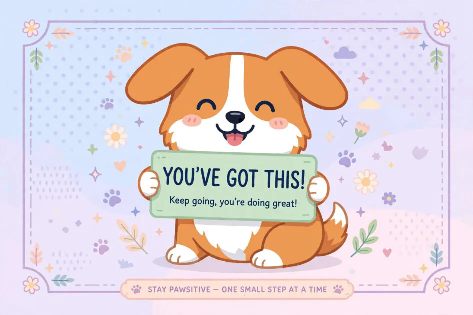 Cute flat-style illustration of a smiling corgi holding a motivational quote sign, shareable dog training illustration