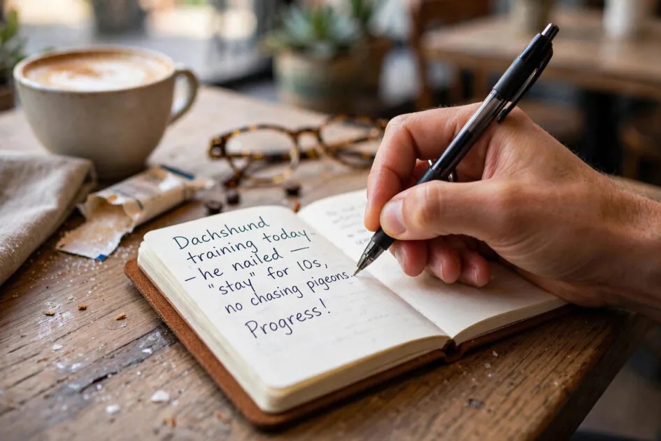 Hand writing a quick one-line journal entry about a dachshund's training session in a small notebook