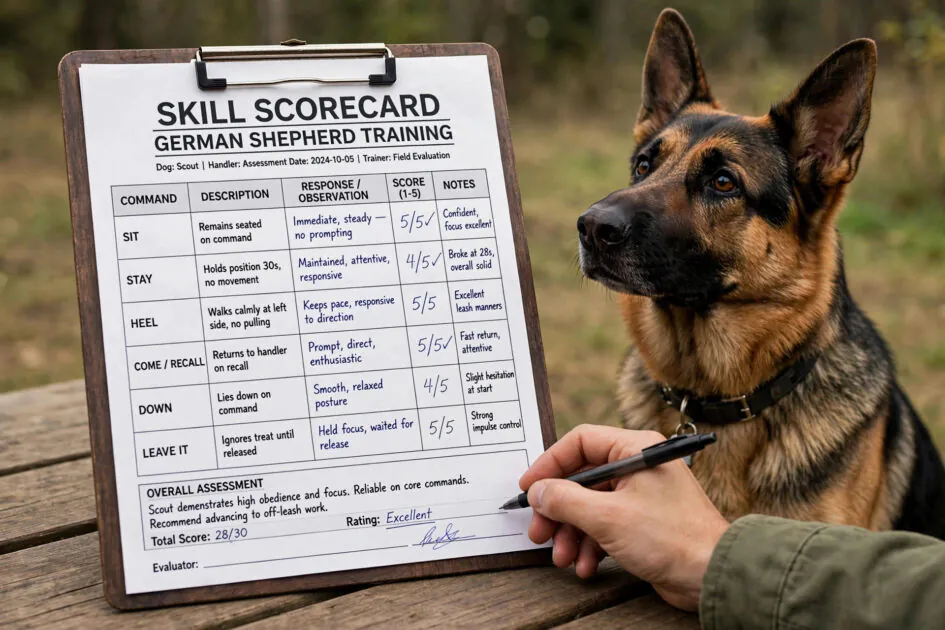 Skill scorecard sheet rating a german shepherd's commands with scores, pen in hand, dog sitting attentively