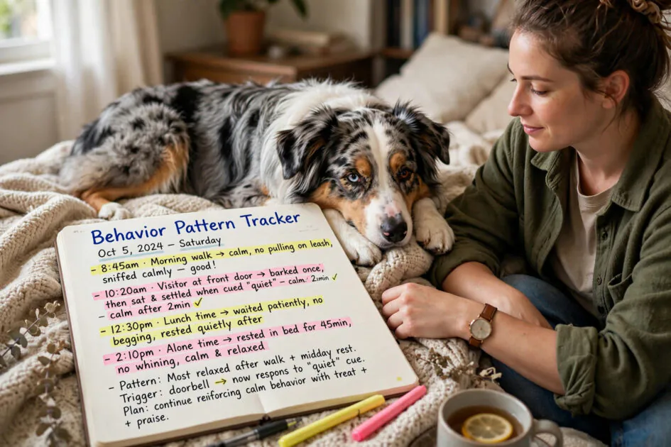 Behavior pattern tracker notebook with highlighted entries, an australian shepherd lying calmly beside its owner