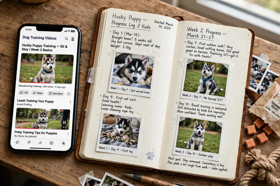 Smartphone showing dog training videos next to an open journal with taped-in photos of a husky puppy's progress