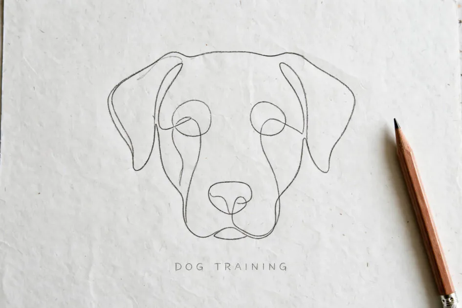 Minimalist line-art dog training logo idea drawn as a single continuous line forming a dog's face