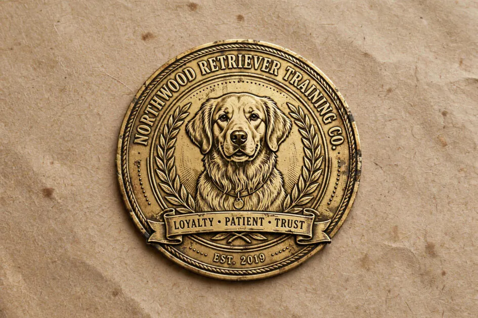 Vintage badge emblem dog training logo idea with a retriever illustration and ribbon banner