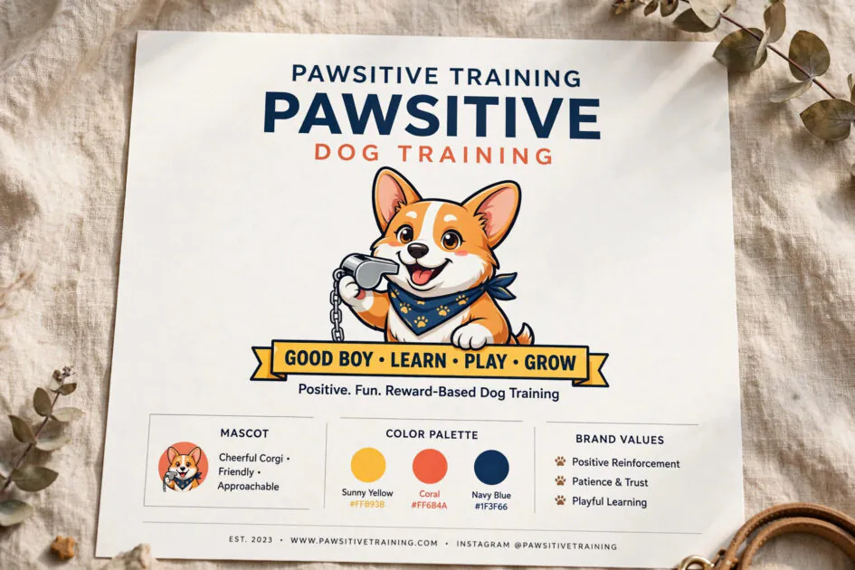 Playful mascot dog training logo idea featuring a cheerful cartoon corgi holding a training whistle