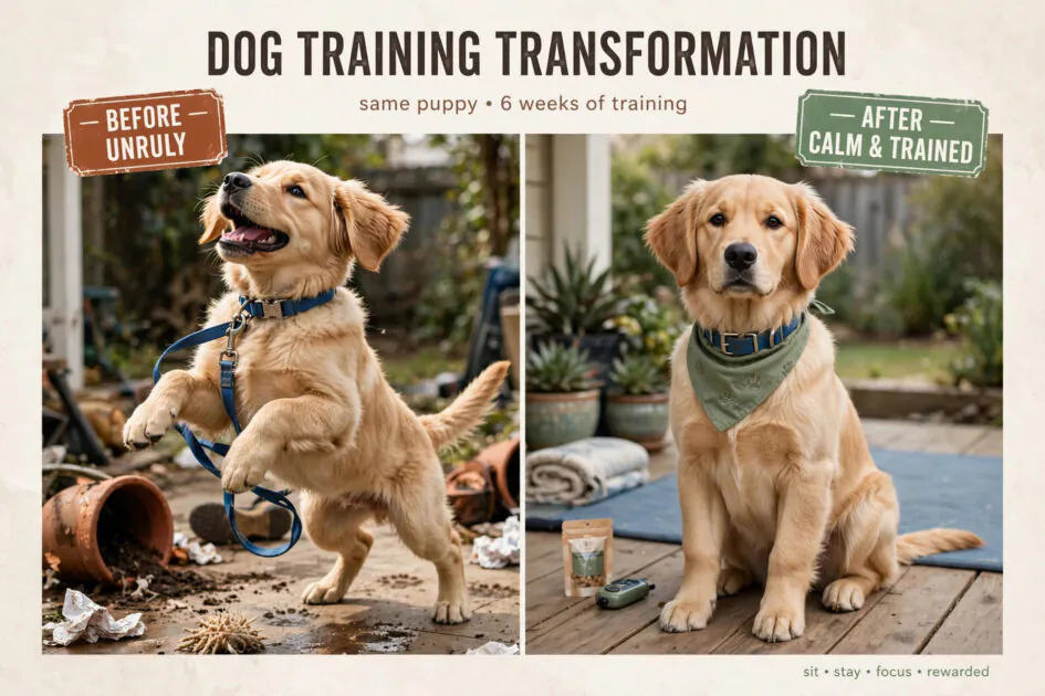 Before-and-after dog training marketing idea showing an unruly puppy versus a calm trained adult dog