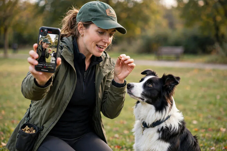 Dog trainer filming a quick training tip reel demonstrating a sit command with a border collie