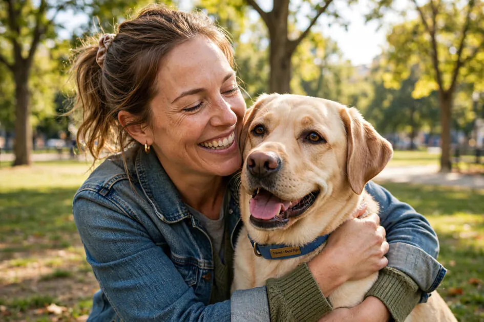 Happy client testimonial for dog training marketing with a smiling owner hugging a trained labrador