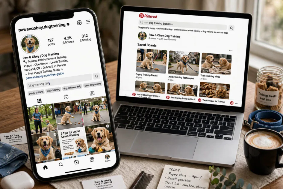 Optimized Instagram profile and Pinterest boards for a dog training business with search keywords