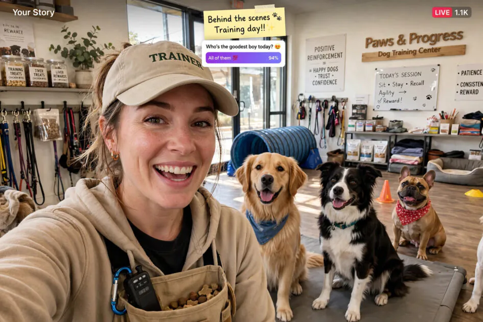 Dog trainer engaging followers with Instagram stories behind the scenes of a training session