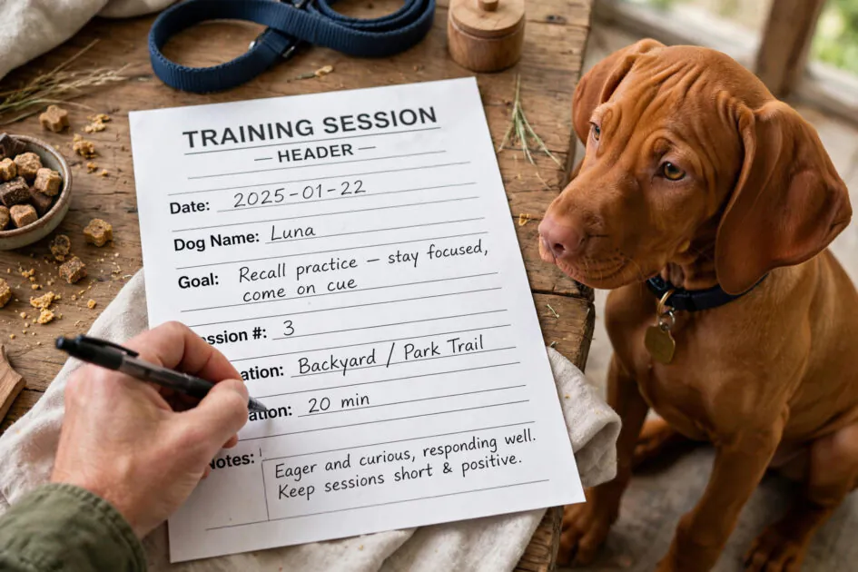 Training session header page with date, dog name and goal fields being filled in, a vizsla puppy watching