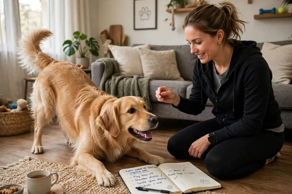 Dog doing warm-up stretches and play bows with its trainer in a living room, notebook open on the floor