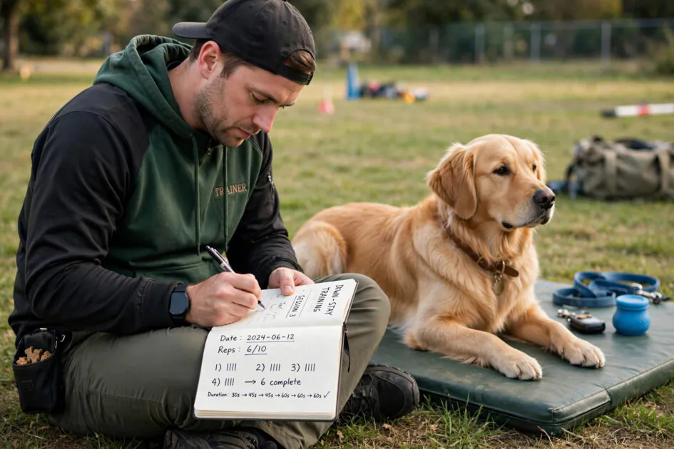 Trainer logging repetitions with tally marks in a notebook while a golden retriever practices down-stay