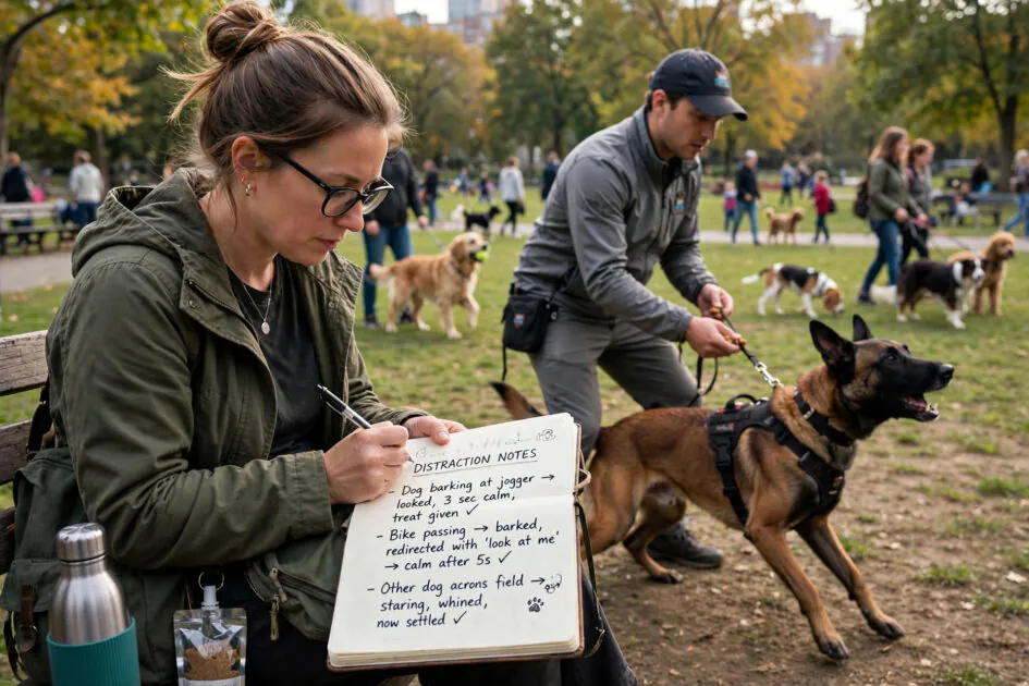 Person jotting distraction notes in a journal while a reactive dog trains at a busy park with other dogs in the distance