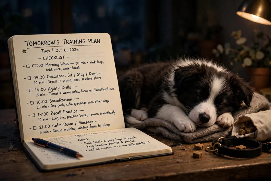 Tomorrow's training plan page with a checklist, a sleeping border collie puppy next to the open journal at night