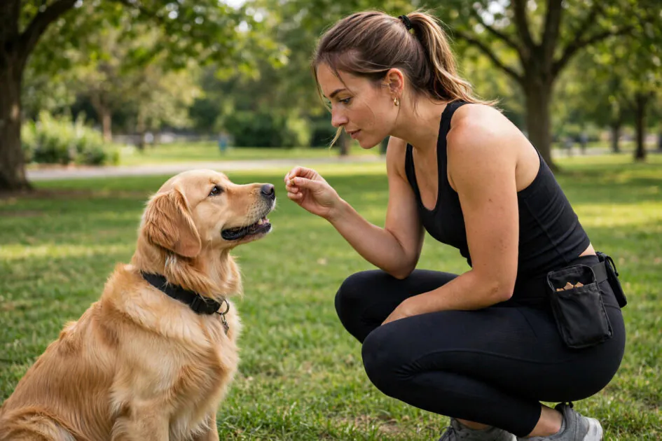 Woman in black leggings and athletic top training a golden retriever with treats in a park