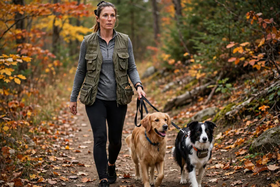 Woman dog trainer wearing a multi-pocket utility vest training dogs on an autumn trail
