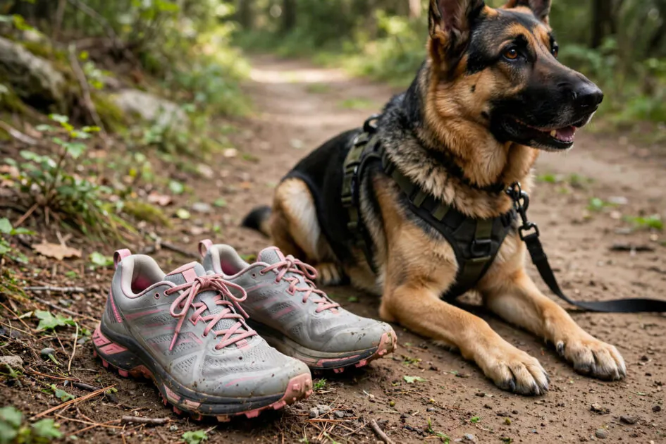 Woman's trail running shoes on a dirt path beside her walking german shepherd