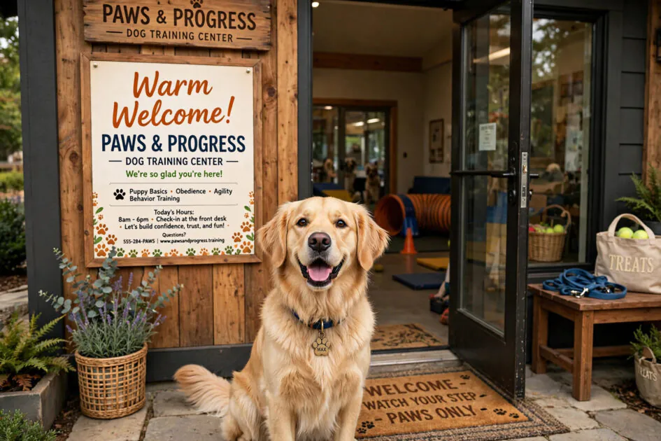 Warm welcome poster at the entrance of a dog training center with a happy dog greeting visitors