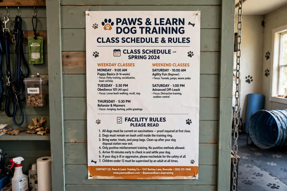 Class schedule and rules poster hanging on the wall of a dog training facility