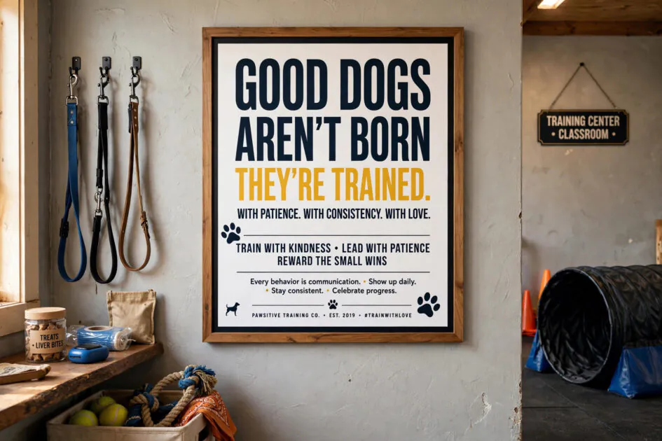 Motivational dog training quote poster with bold typography on a training center wall