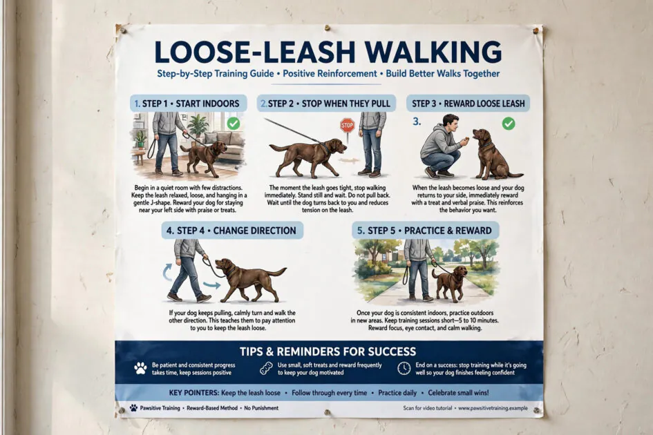 Instructional poster showing step-by-step loose-leash dog training techniques on a wall